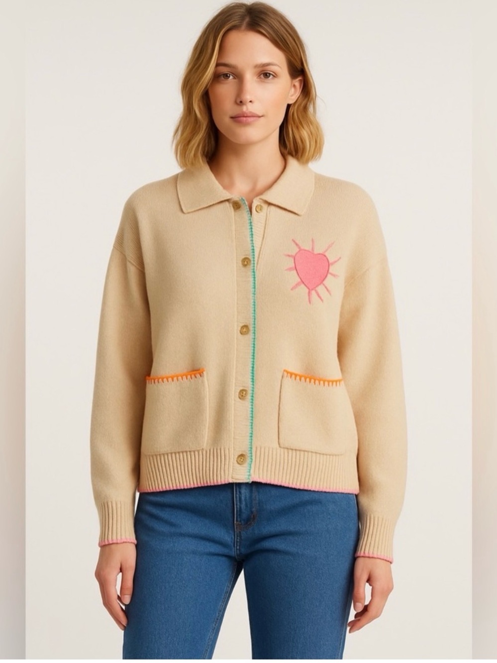 Beige Heart Patch Button-Front Cardigan Sweater
